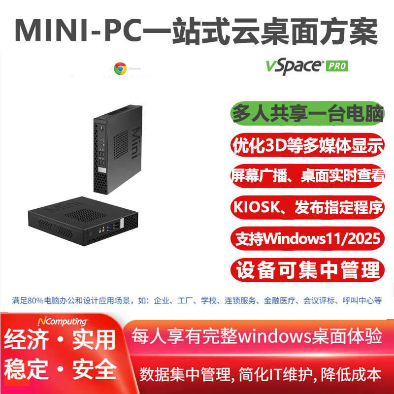 MINI-PC迷你电脑内嵌LEAFOS专用套件，搭建经济、易用的企业级虚拟桌面VDI，内置vSpace Pro企业版虚拟桌面软件及长期(10年)授权许可 ，流畅运行windows10/11/2022/2025，满足3D渲染等多媒体应用场景，支持UXP Turbo协议和VPN功能，通过Console或PMC实现设备集中管理