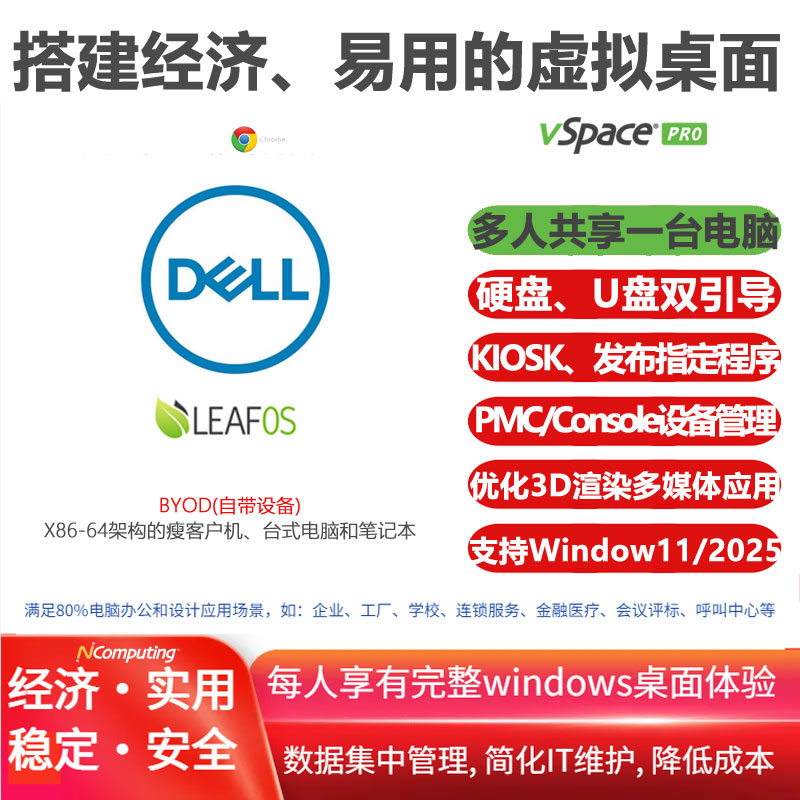 DELL戴尔笔记本、台式电脑和瘦客户机结合LEAFOS专用套件，搭建经济、易用的云桌面|虚拟桌面VDI，内置vSpace Pro企业版虚拟桌面软件及长期(10年)授权许可 ，流畅运行windows10/11/2022/2025，满足3D渲染等多媒体应用场景，支持UXP Turbo协议和VPN功能，通过Console或PMC实现设备集中管理