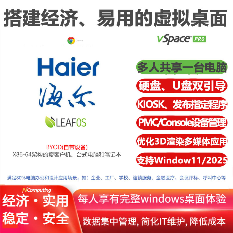 海尔Haier笔记本、台式电脑和瘦客户机结合LEAFOS专用套件，搭建经济、易用的云桌面|虚拟桌面VDI，内置vSpace Pro企业版虚拟桌面软件及长期(10年)授权许可 ，流畅运行windows10/11/2022/2025，满足3D渲染等多媒体应用场景，支持UXP Turbo协议和VPN功能，通过Console或PMC实现设备集中管理