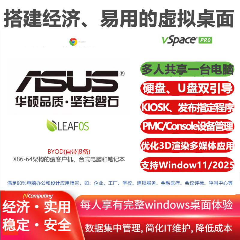 ASUS华硕笔记本、台式电脑和瘦客户机结合LEAFOS专用套件，搭建经济、易用的云桌面|虚拟桌面VDI，内置vSpace Pro企业版虚拟桌面软件及长期(10年)授权许可 ，流畅运行windows10/11/2022/2025，满足3D渲染等多媒体应用场景，支持UXP Turbo协议和VPN功能，通过Console或PMC实现设备集中管理