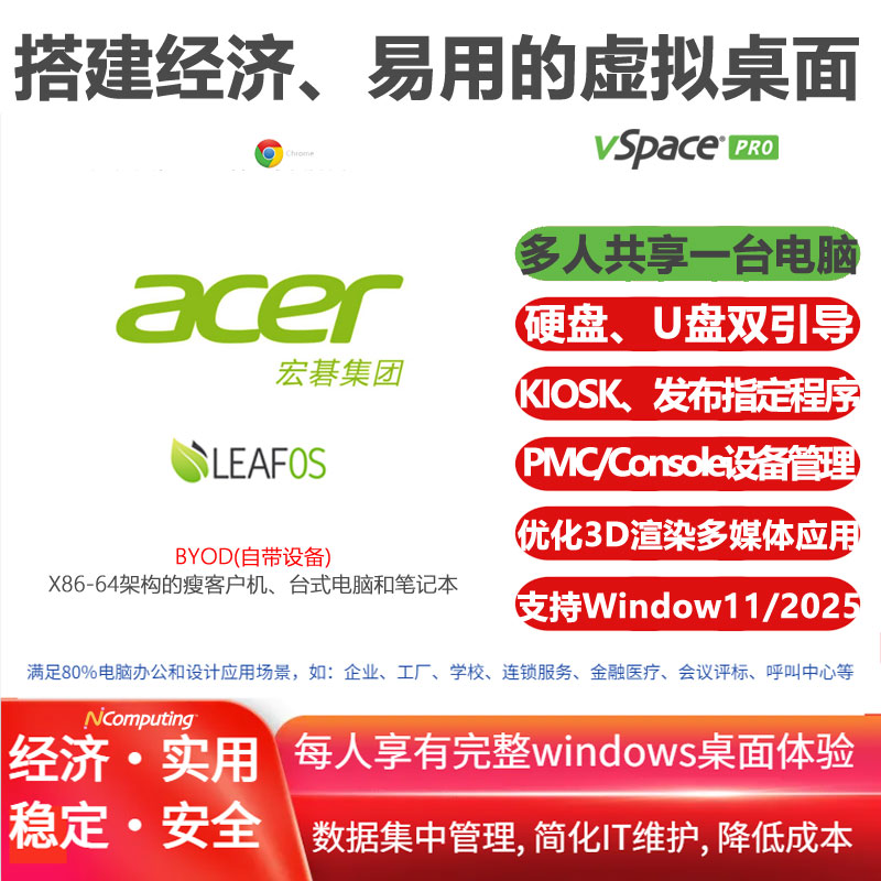 ACER宏碁笔记本、台式电脑和瘦客户机结合LEAFOS专用套件，搭建经济、易用的云桌面|虚拟桌面VDI，内置vSpace Pro企业版虚拟桌面软件及长期(10年)授权许可 ，流畅运行windows10/11/2022/2025，满足3D渲染等多媒体应用场景，支持UXP Turbo协议和VPN功能，通过Console或PMC实现设备集中管理